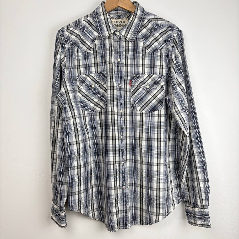 Levis Mens Two Horse Brand Pearl Snap Button Up Thrashed Shirt Size M Blue Plaid